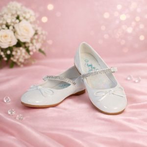 NEW Girl's Communion Dress Shoe - White/Patent Leather Flat Shoe with Rhinestone Strap - Size 5