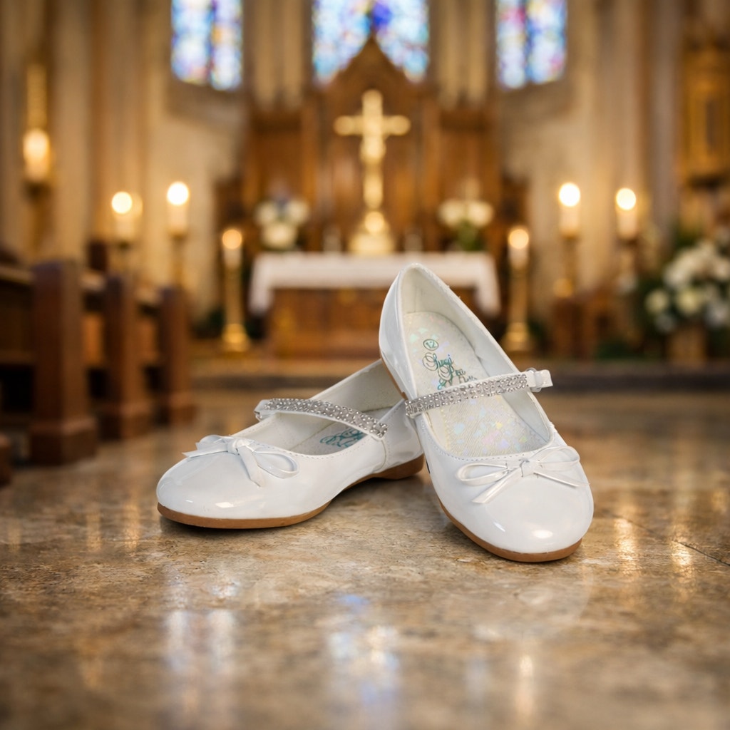 NEW Girl's Communion Dress Shoe - White/Patent Leather Flat Shoe with Rhinestone Strap - Size 12T